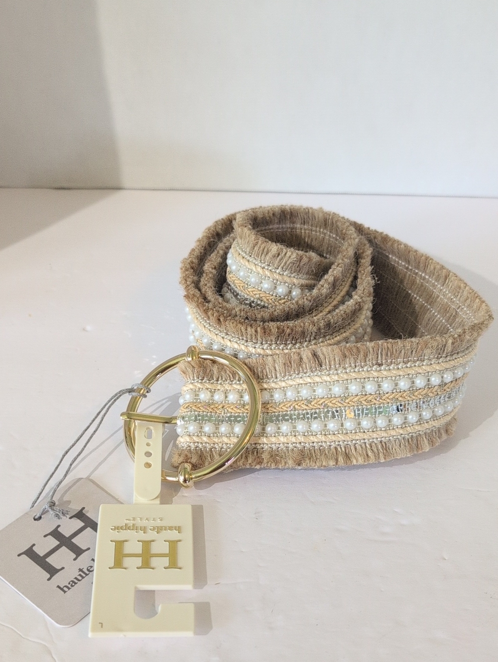 Nwt Haute Hippie Raffia Straw Belt Faux Pearl Gold Chain Boho Belt Sz Lg
